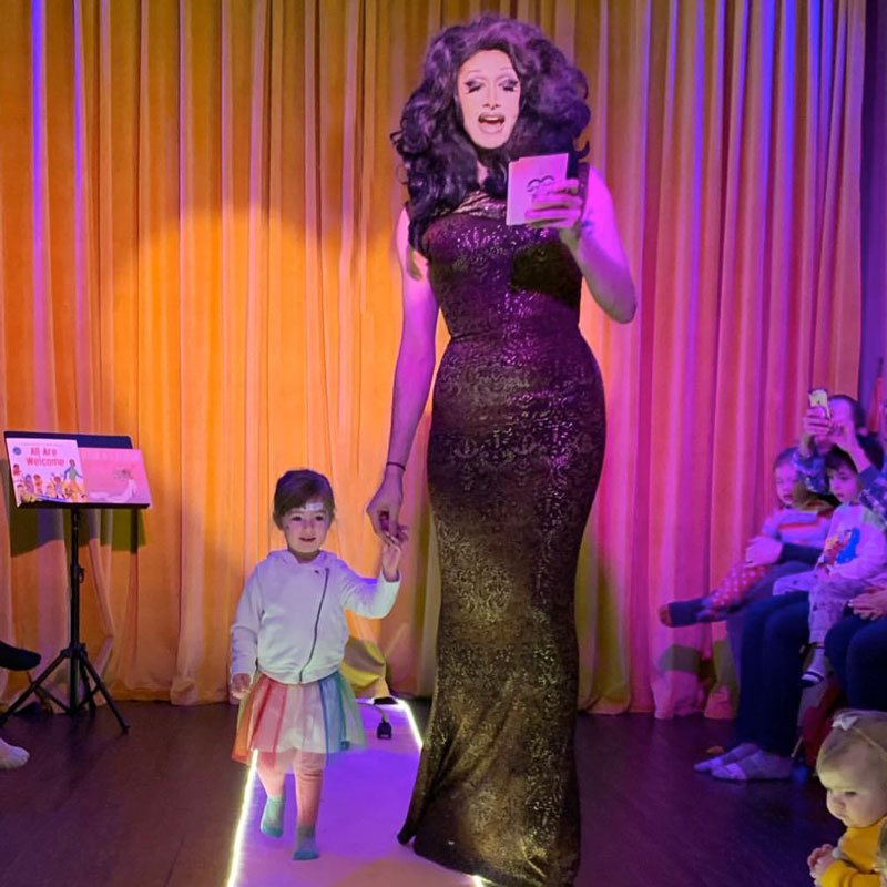 Maria Topcatt and guest at Best of Philly Award-Winning Drag Storytime at Mister John's Music.