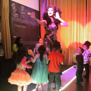 Maria Topcatt encouraging her guests to be themselves at Best of Philly Award-Winning Drag Storytime at Mister John's Music.